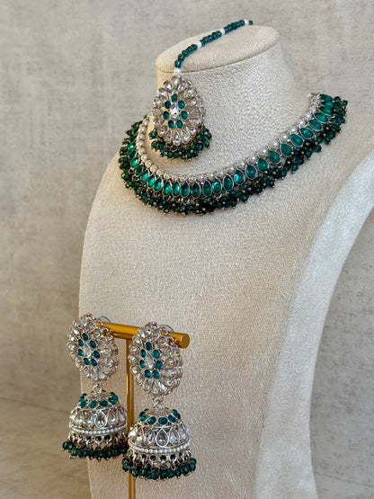 Ayura Designs Saima Set – Necklace, Jhumkis & Tikka in Peacock Green with Silver Finish