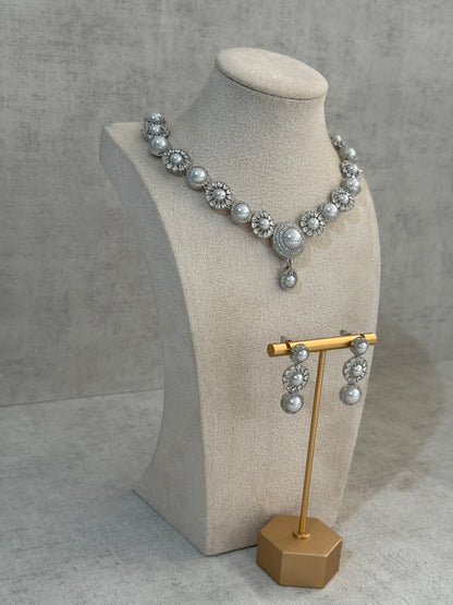 Ayura Designs Evelyn Set with Necklace & Stud Earrings – Silver Finish, Pearlescent Stones & Crystal Accents