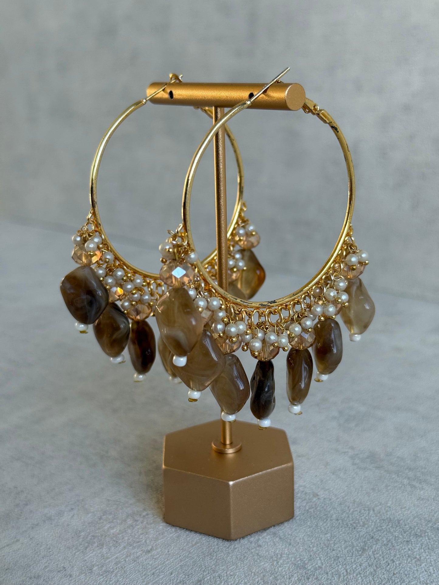 Ayura Designs Heer Balis – Gold Hoops with Mocha Marble Beads, Pearls & Crystal Detailing