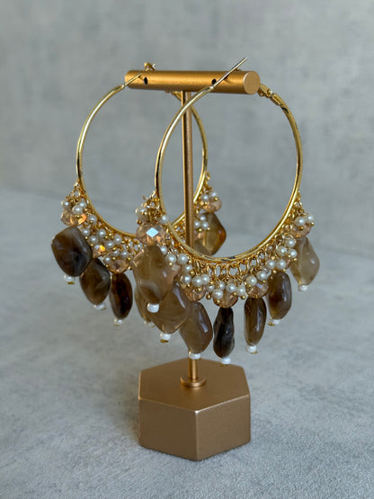 Ayura Designs Heer Balis – Gold Hoops with Mocha Marble Beads, Pearls & Crystal Detailing