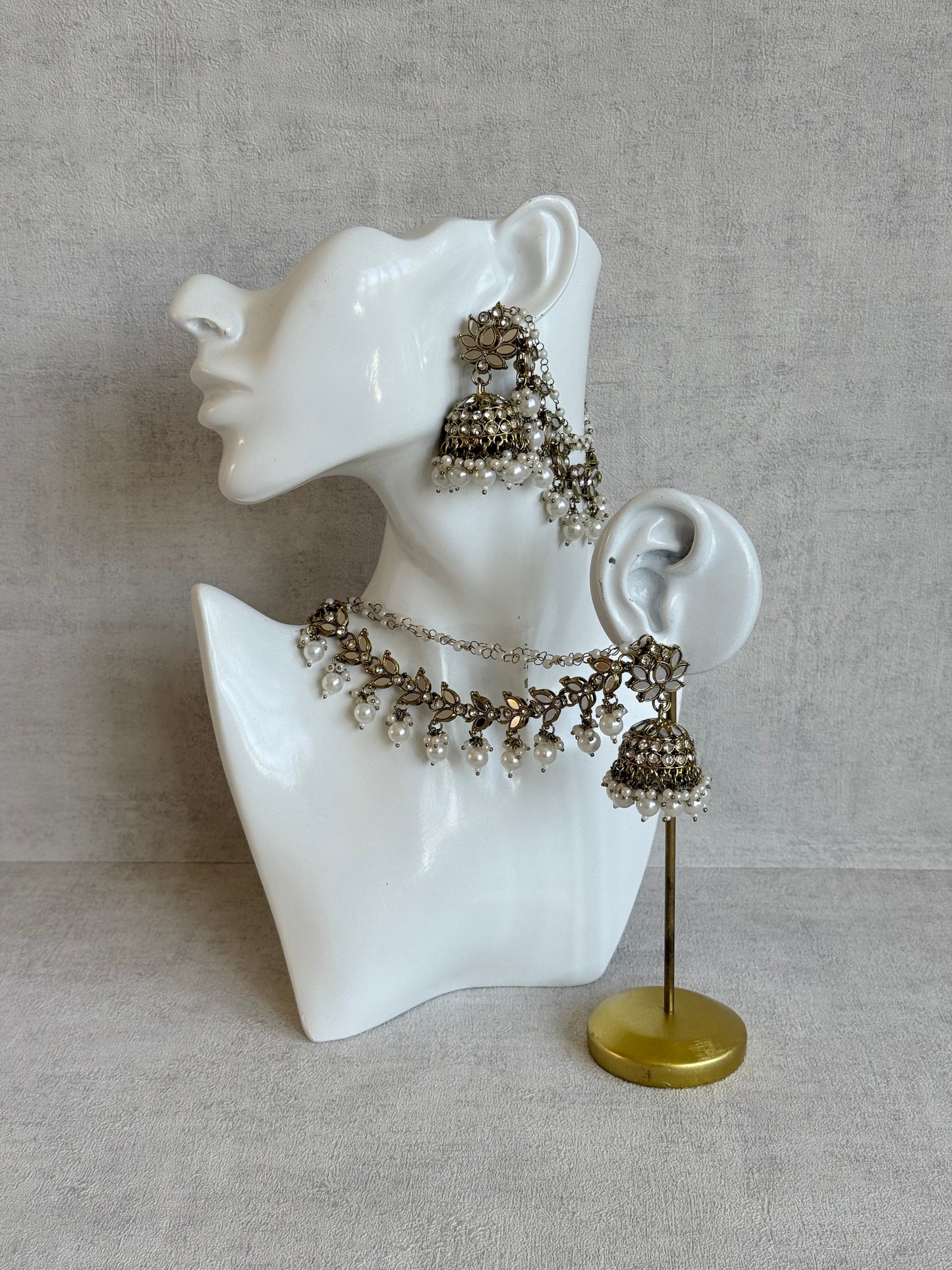 Ayura Designs Sheesh Jhumkis with Sahare – Mirror Kundan Pearl Jhumkis