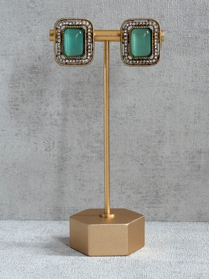 Ayura Designs Nabiha Choker Set with Studs – Aqua Green Stones, Pearl Detailing & Antique Gold Finish