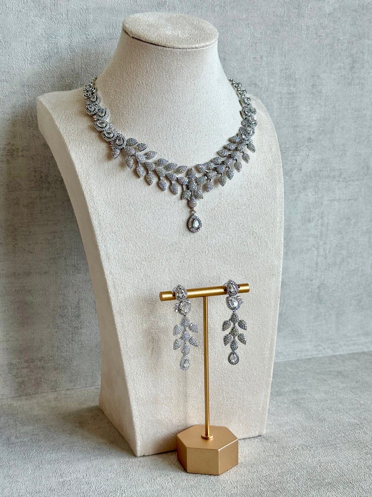 Ayura Designs Vivienne Set with Necklace & Earrings – Silver Finish with Teardrop Crystals and Clustered Leaf Detailing