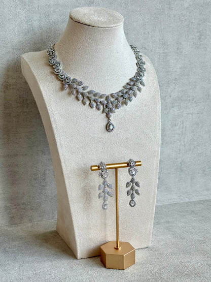 Ayura Designs Vivienne Set with Necklace & Earrings – Silver Finish with Teardrop Crystals and Clustered Leaf Detailing