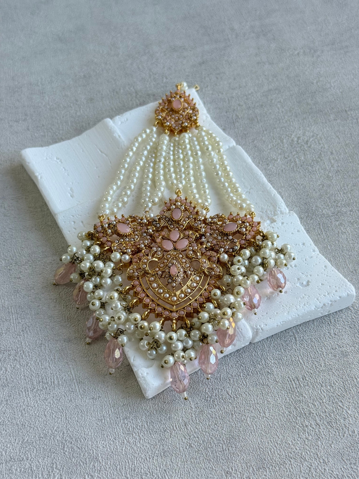 Ayura Designs Zahara Jhoomar Passa – Blush Pink Stones, Ivory Pearls & Gold Finish