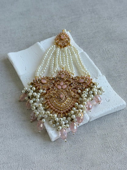 Ayura Designs Zahara Jhoomar Passa – Blush Pink Stones, Ivory Pearls & Gold Finish