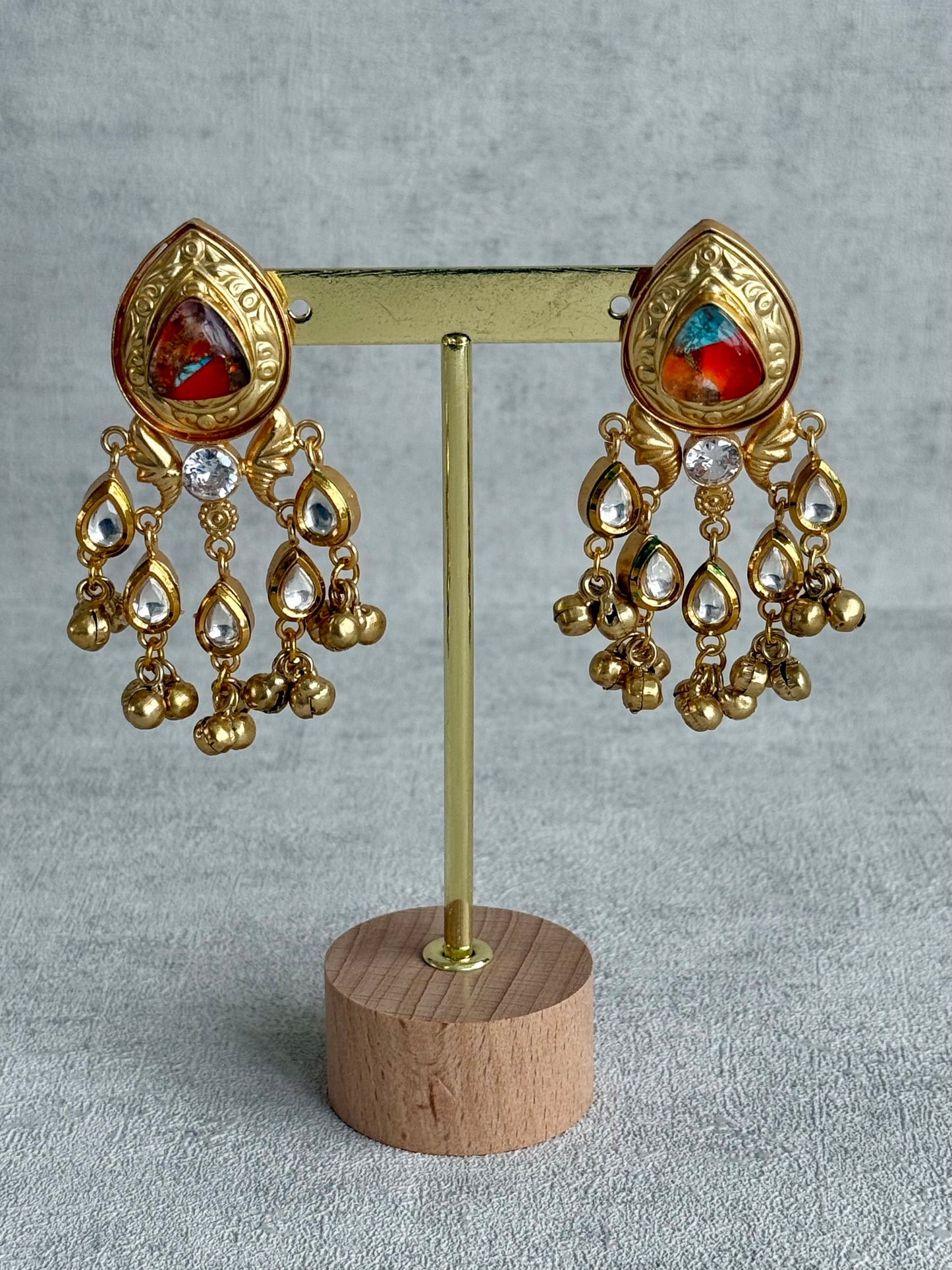 Ayura Designs Arheer Earrings – Orange & Turquoise Marble with Kundan Detailing & Antique Gold Ghungroos