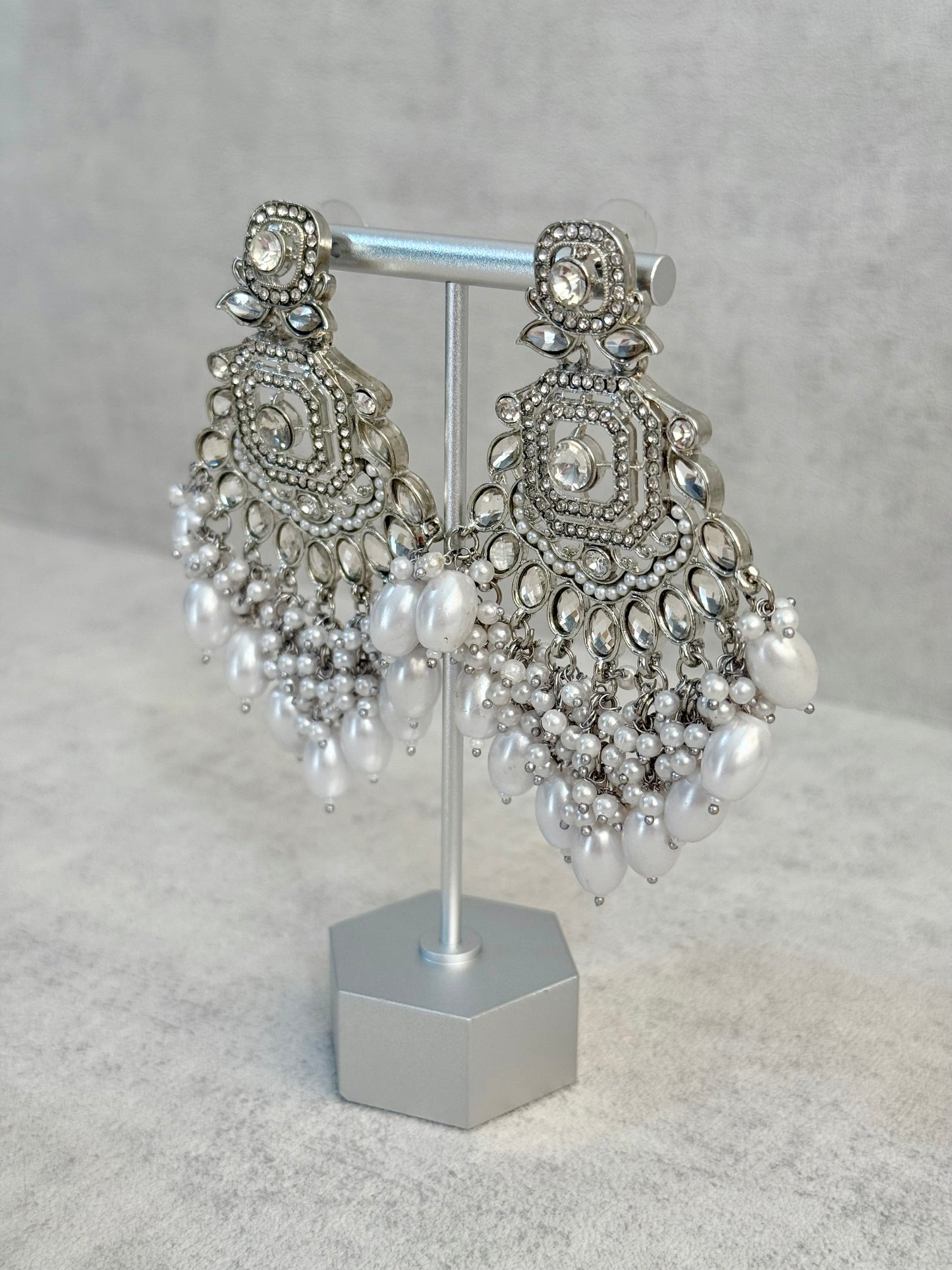 Ayura Designs Vinari Earrings – Silver Crystal Chandelier Earrings with Pearl Clusters