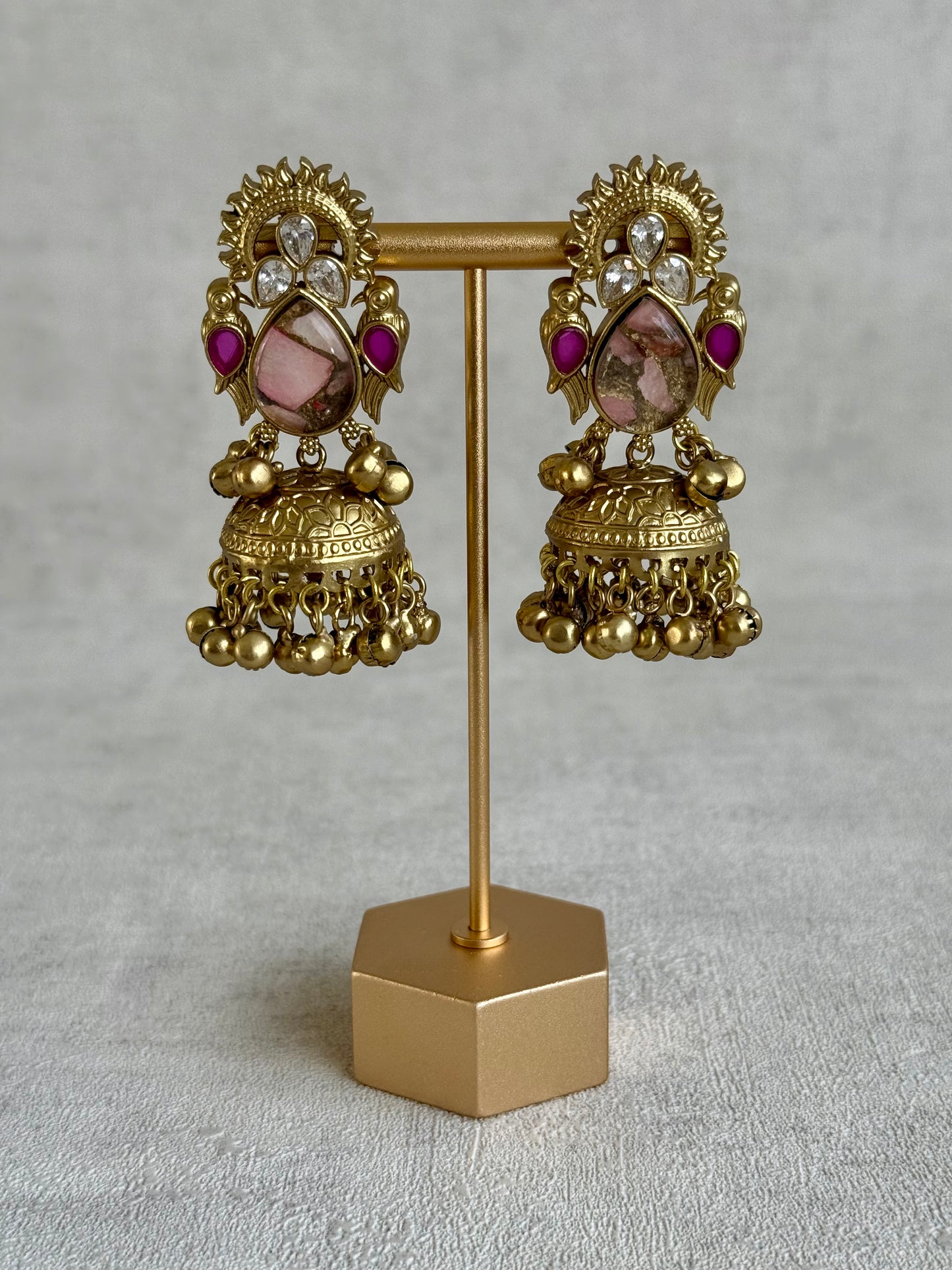 Ayura Designs Avleen Earrings – Rose Pink Marble with Antique Gold Jhumkis