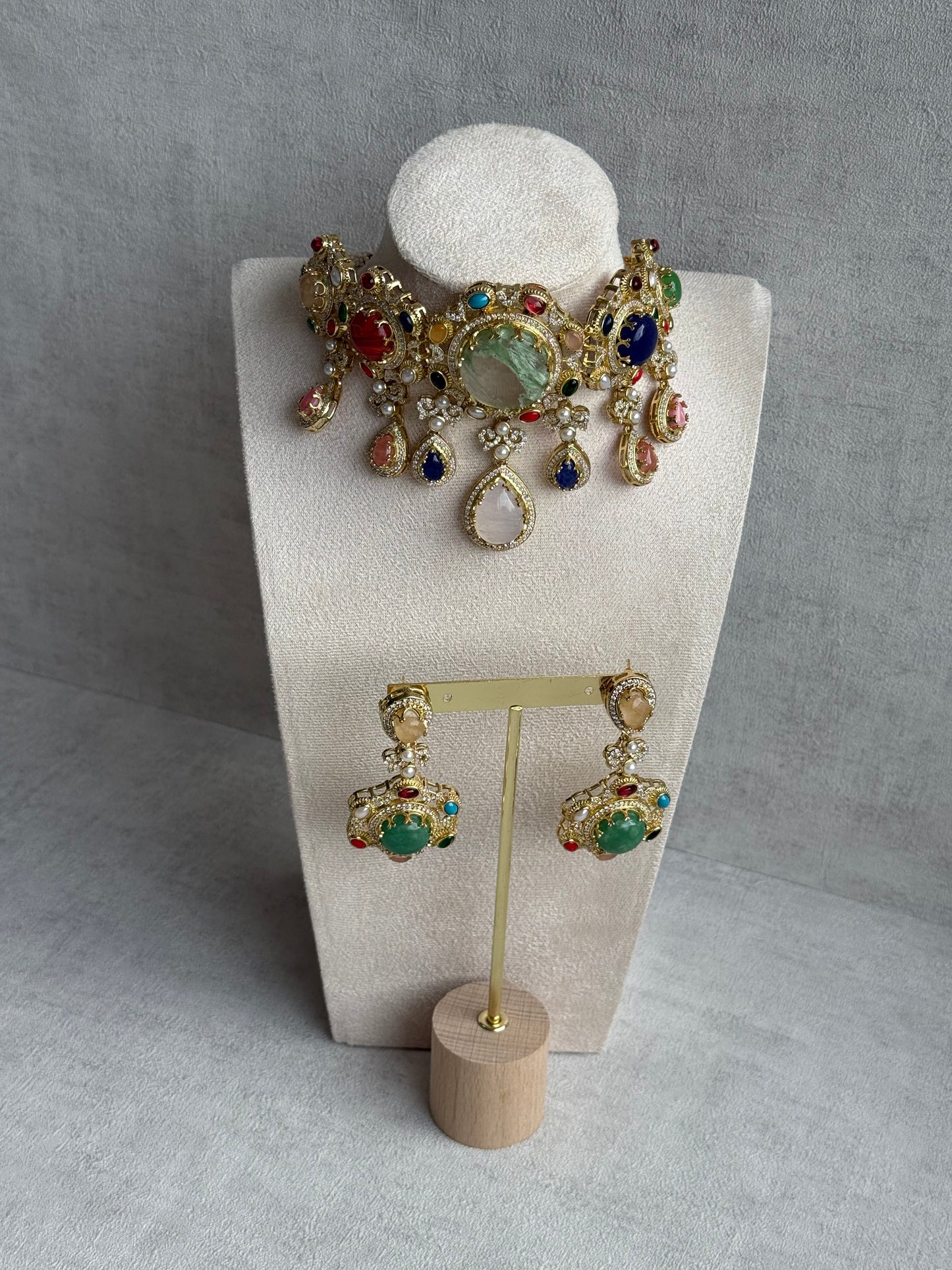 Ayura Designs Willow Choker Set – Statement Multicolour Stone Choker with Pearls & Antique Gold Detailing