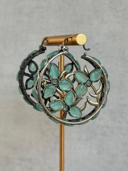 Ayura Designs Nureh Earrings – Dual Tone Floral Hoop Earrings with Mint Green Stones & Cutwork Detailing