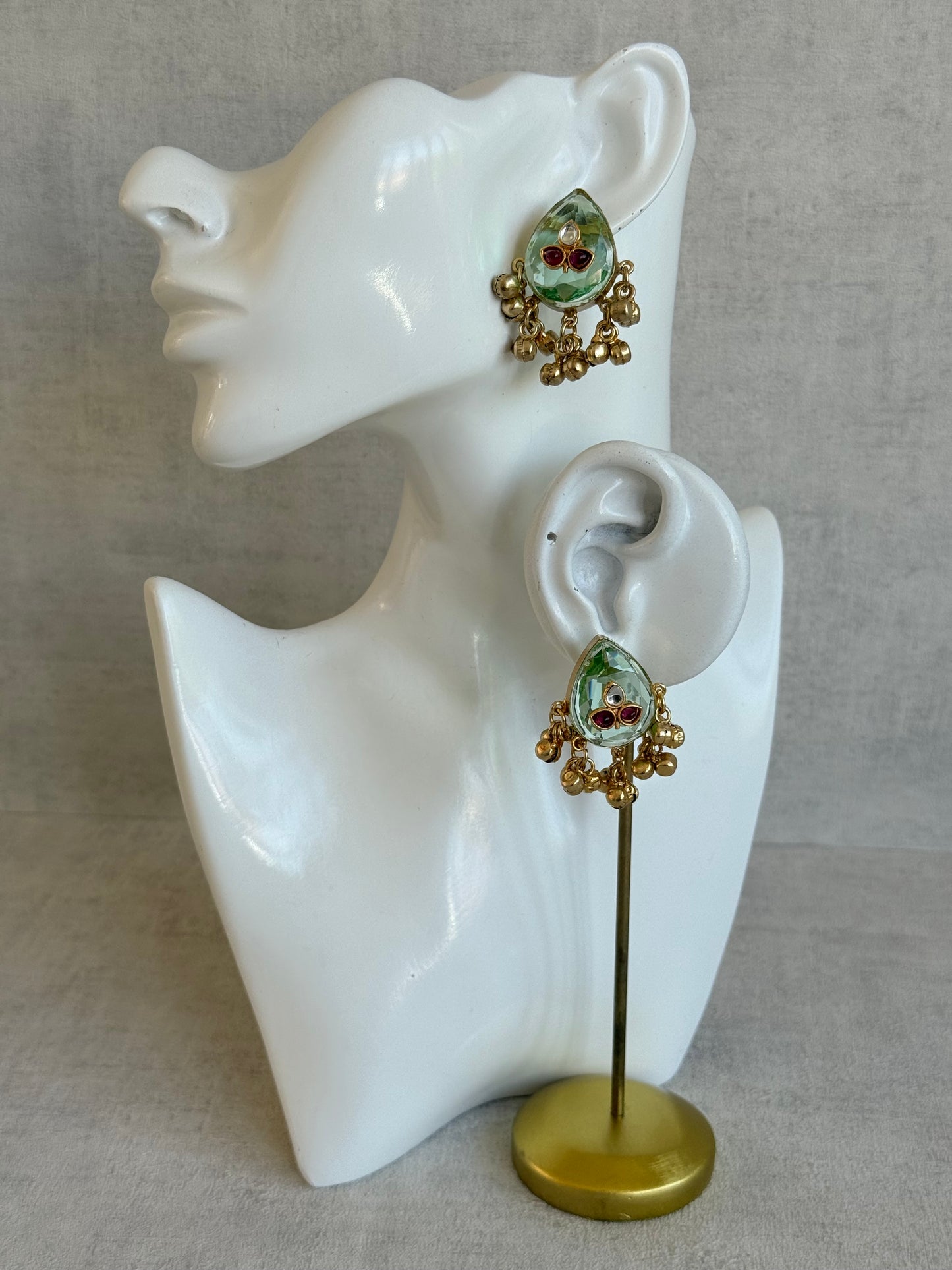 Ayura Designs Aykai Earrings – Pistachio Teardrop Stud Earrings with Clear Kundan Stones and Gold Ghungroo Drops