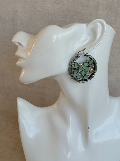 Ayura Designs Nureh Earrings – Dual Tone Floral Hoop Earrings with Mint Green Stones & Cutwork Detailing
