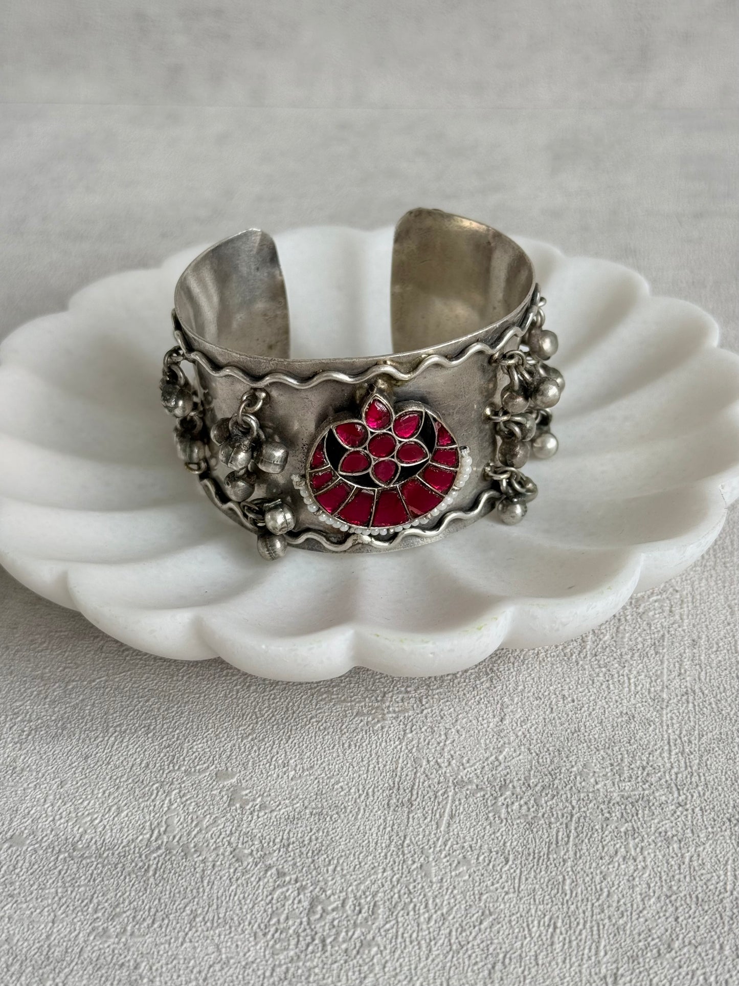 Ayura Designs Ketki Adjustable Cuff Bracelet – Ruby Pink Kundan Floral Motif & Ghungroo Detailing
