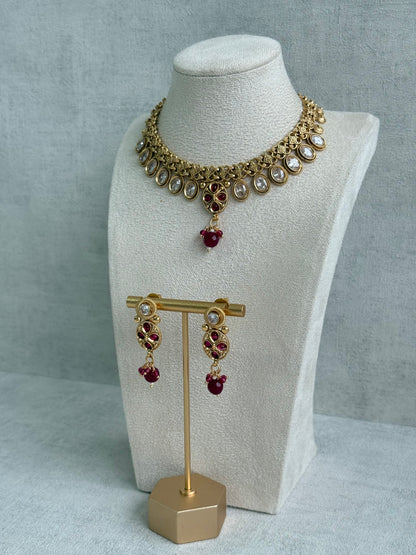 Ayura Designs Perniya Set with Necklace & Earrings – Mirror-Cut Stones with Rani Pink Accents in Antique Gold Finish