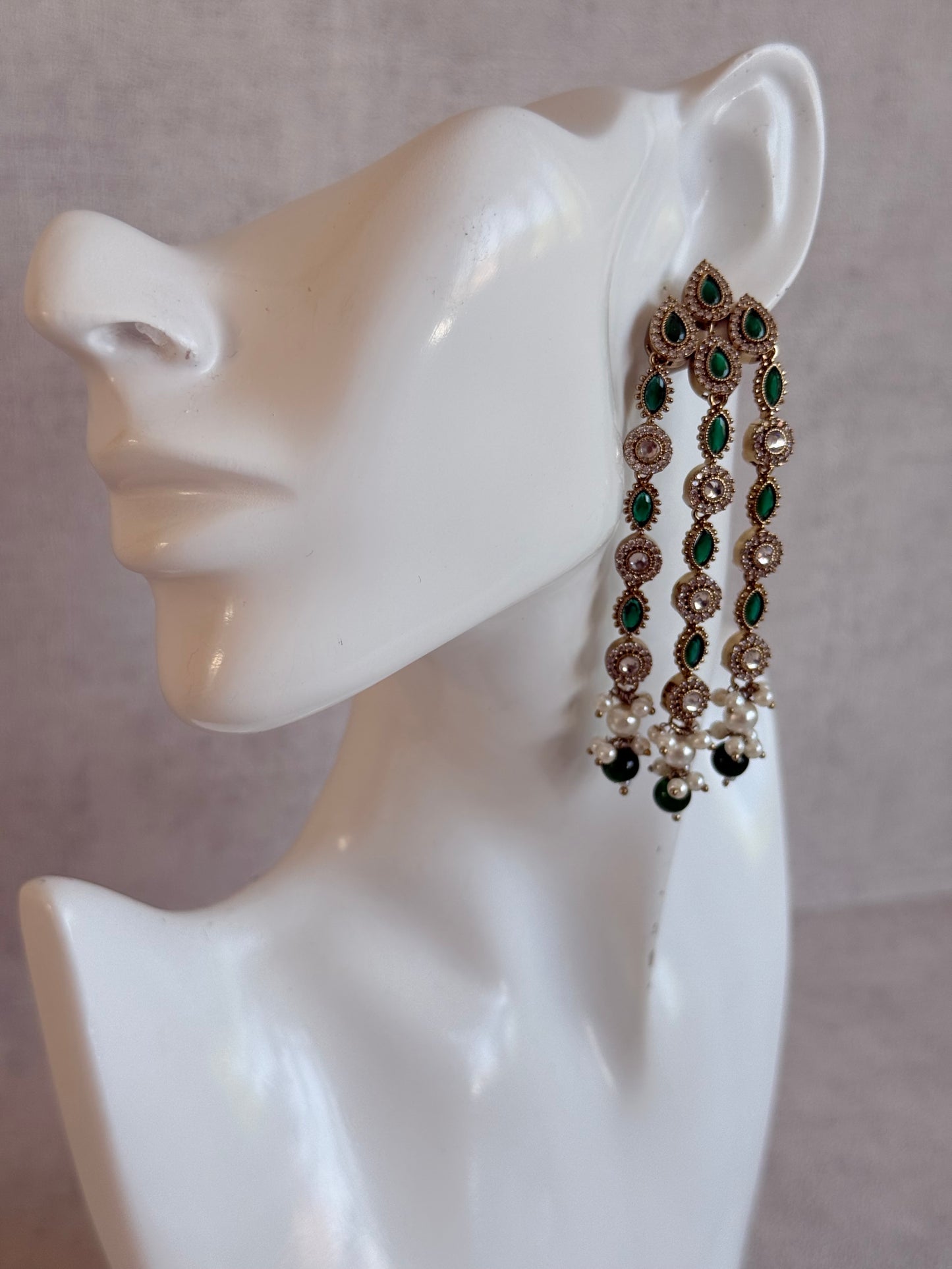 Ayura Designs Emilia Earrings – Gold Triple Strand Statement Earrings with Emerald Green Stones & Pearl Drops