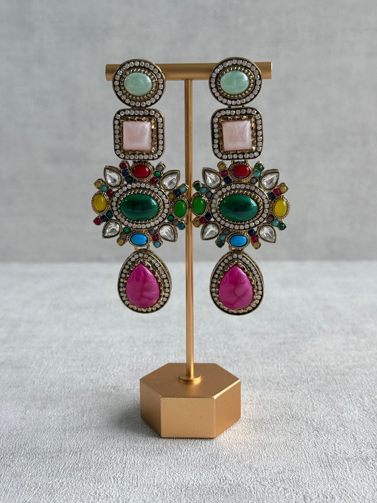 Ayura Designs Jeenat Earrings – Multicolour Stones, Crystal Detailing & Rani Pink Teardrops