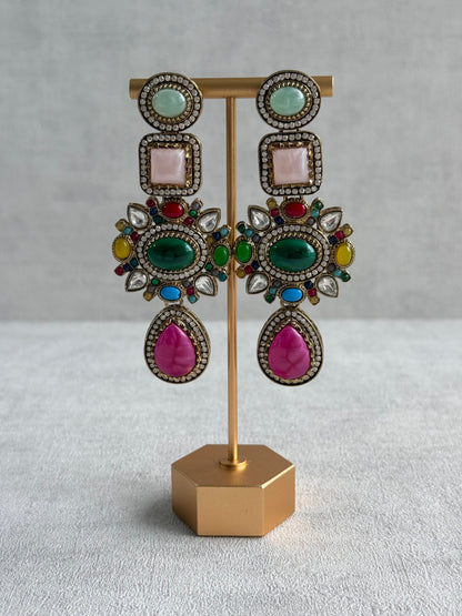 Ayura Designs Jeenat Earrings – Multicolour Stones, Crystal Detailing & Rani Pink Teardrops