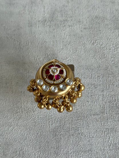 Ayura Designs Sochi Ring – Adjustable Antique Gold Ring with Hot Pink Meenakari, Mirror-Cut Stones & Ghungroo Detailing