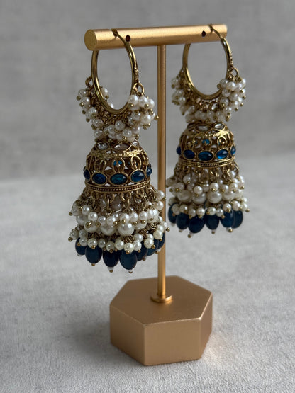 Ayura Designs Jugni Jhumkis – Antique Gold Balis with Ink Blue Beads & Pearl Clusters