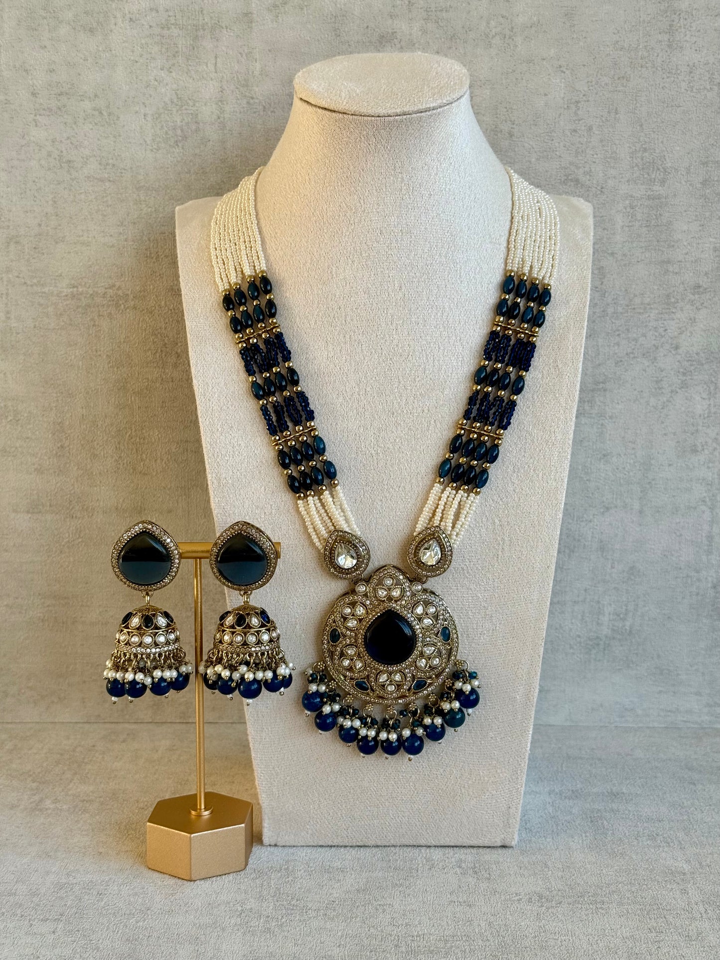 Ayura Designs Brielle Set – Necklace & Jhumkis with Mirror-Cut Stones in Midnight Blue & Ivory
