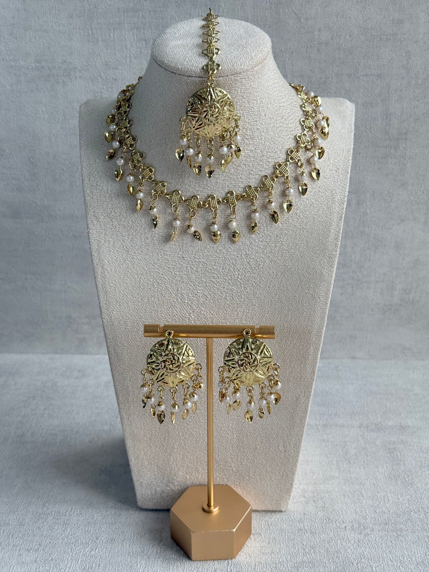 Ayura Designs Rupal Necklace Set with Earrings & Tikka – Gold Finish with Pearls & Pippal Patti Detailing