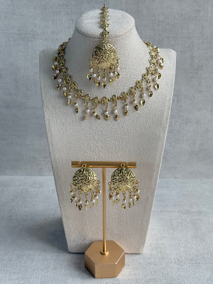 Ayura Designs Rupal Necklace Set with Earrings & Tikka – Gold Finish with Pearls & Pippal Patti Detailing