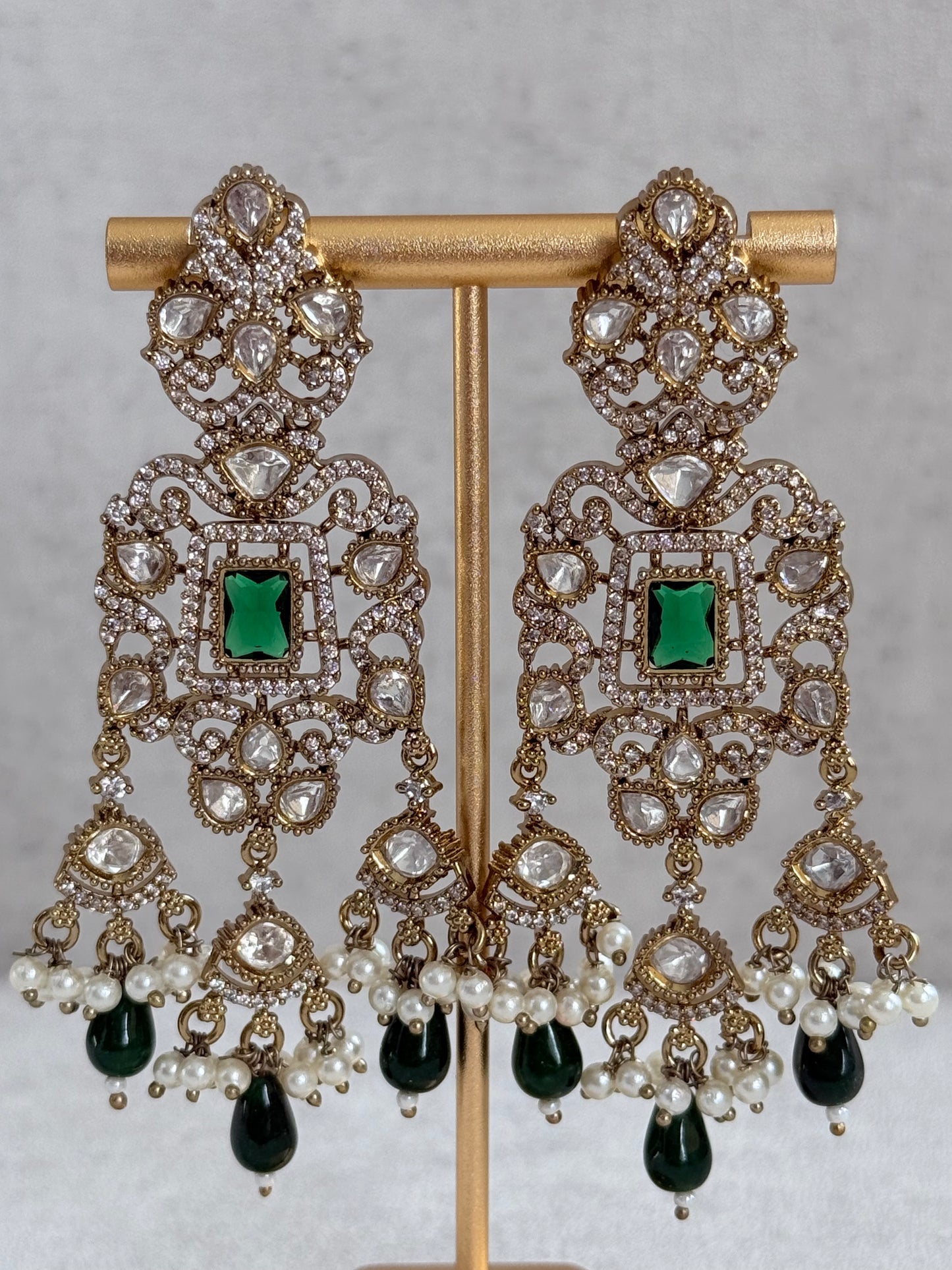 Ayura Designs Aisha Choker Set with Earrings & Tikka – Emerald Green Stones, Polki & Pearl Detailing