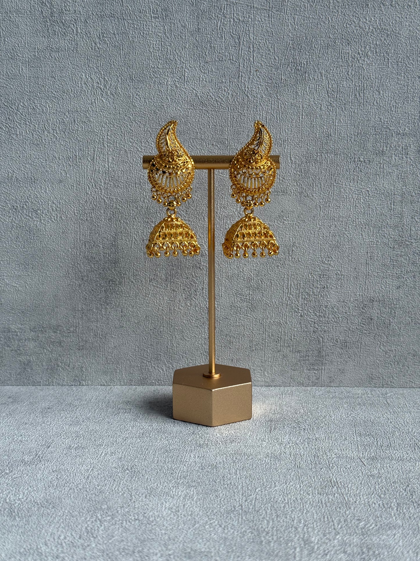 Ayura Designs Sonal Jhumkis – Antique Gold Filigree Earrings with Dome Detailing & Mini Ghungroos