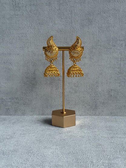 Ayura Designs Sonal Jhumkis – Antique Gold Filigree Earrings with Dome Detailing & Mini Ghungroos