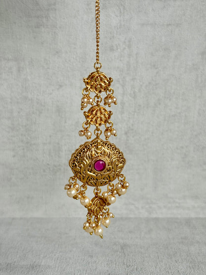 Ayura Designs Maharani Bridal Set with Choker, Haar, Earrings & Tikka – Antique Gold with Pink Stones & Pearl Detailing