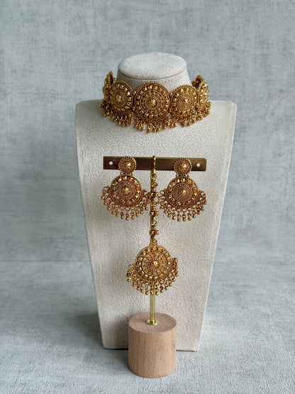 Ayura Designs Nawab Set – Antique Gold Choker, Jhumkis & Tikka with Filigree Medallions
