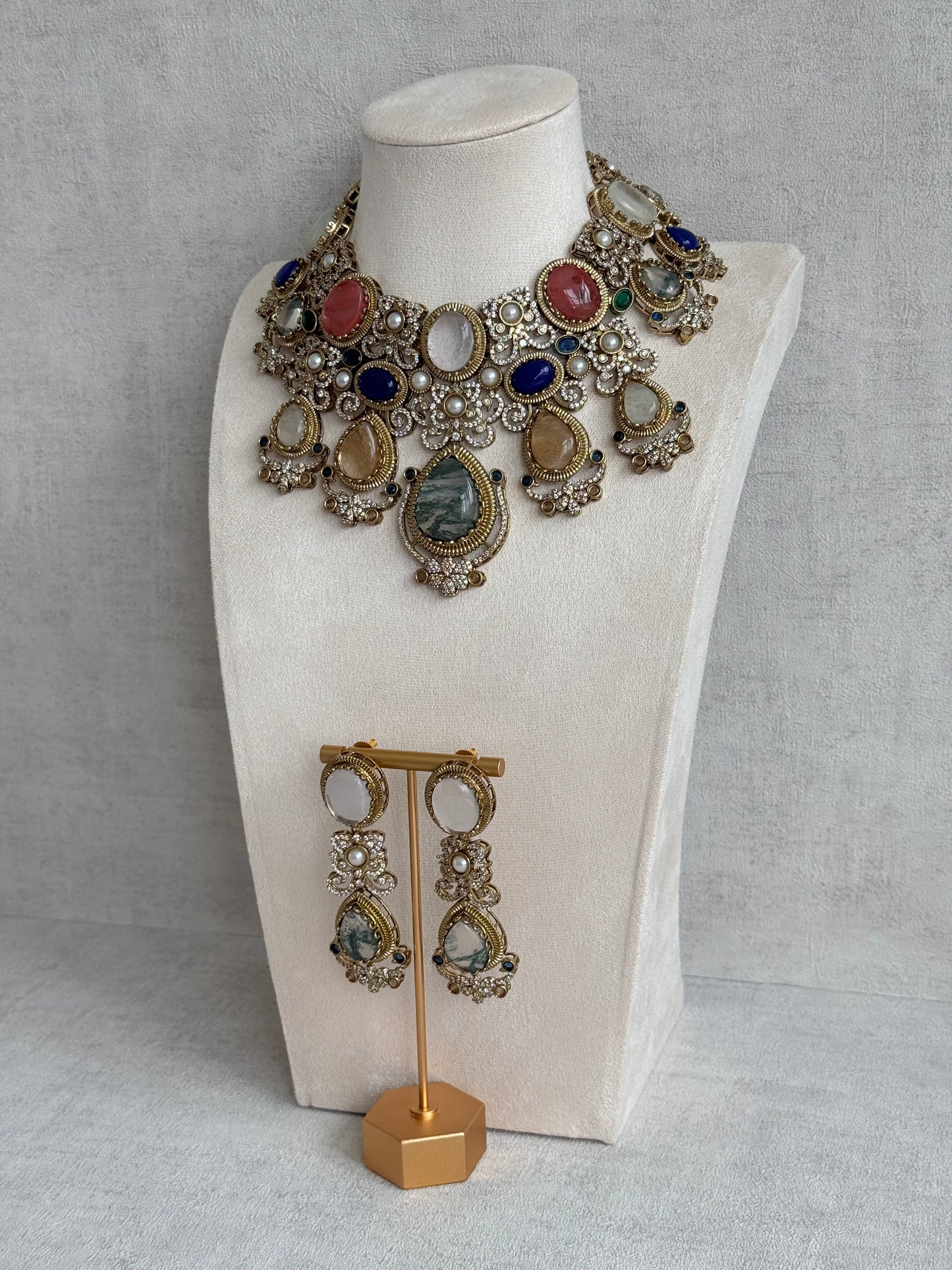 Ayura Designs Kimmy Necklace Set with Earrings – Statement Multicolour Necklace with Marble Stone Details & Crystal Work