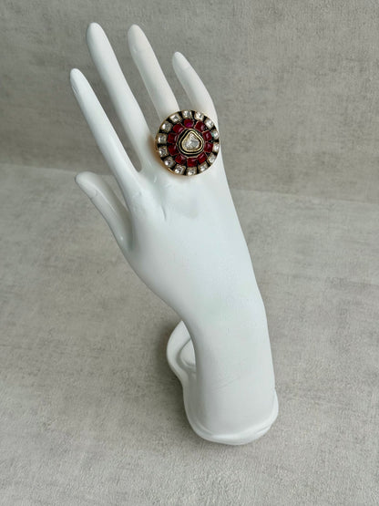 Ayura Designs Zaib Adjustable Ring – Mirror-Cut Stone with Green Enamel, Ruby Pink Accents & Crystal Detailing