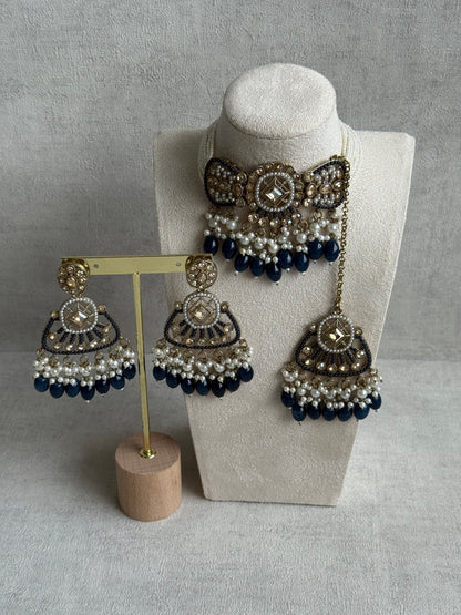 Ayura Designs Qudsia Set with Necklace, Earrings & Tikka – Navy Blue Stones, Kundan Detailing & Antique Gold Finish