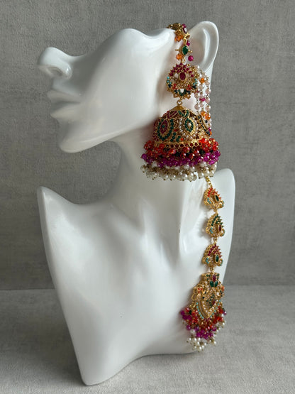Ayura Designs Safia Tikka Set with Sahare Earrings – Multicolour (Orange, Pink & Ivory Beads)
