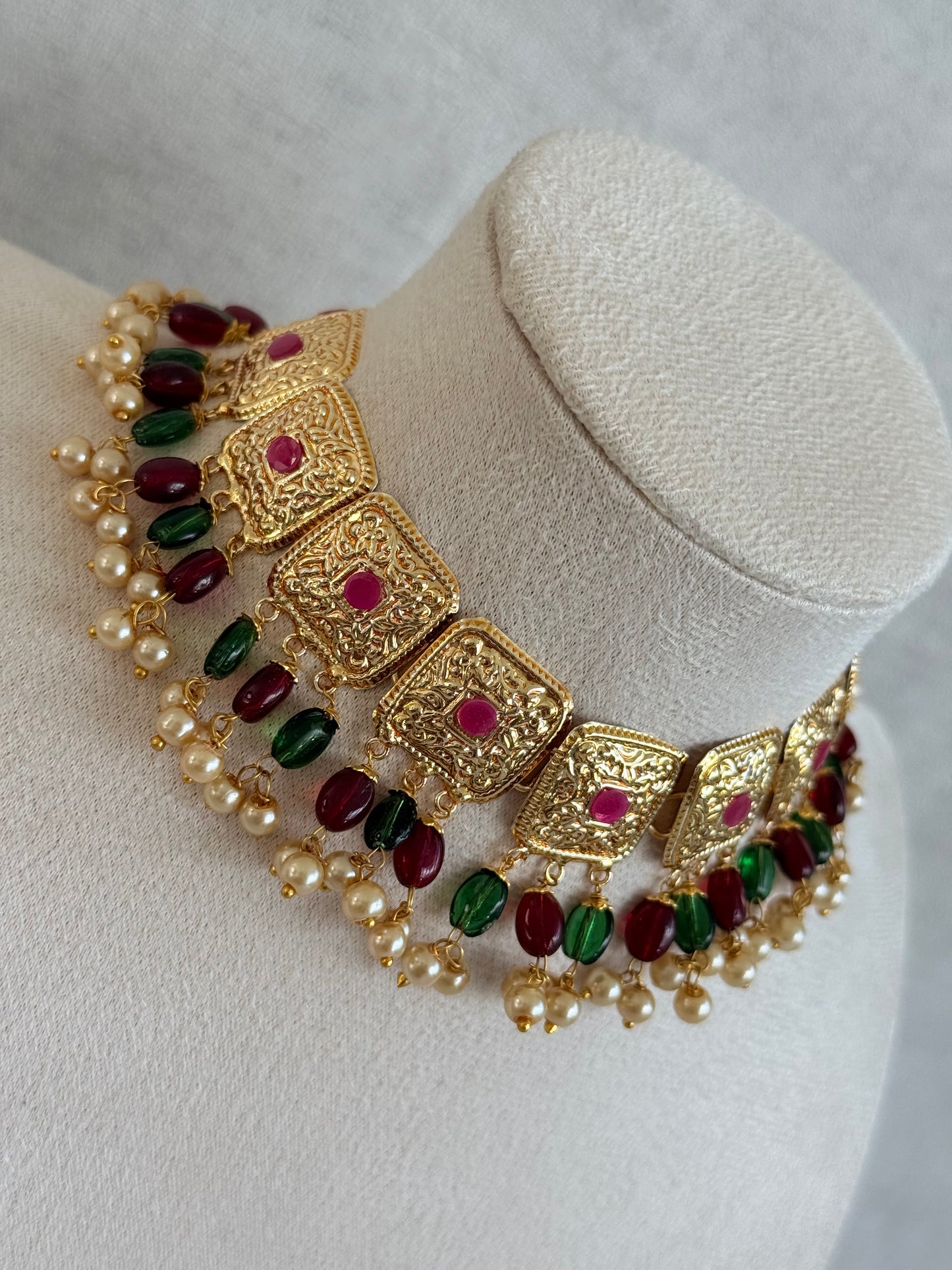 Ayura Designs Chetna Choker Set with Earrings & Tikka – Maroon & Emerald Green Beads, Cream Pearl Drops with Pipal Patti Detailing