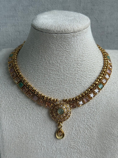Ayura Designs Nithya Set – Gold Necklace & Earrings with Mint & Blush Stones and Mint Centre