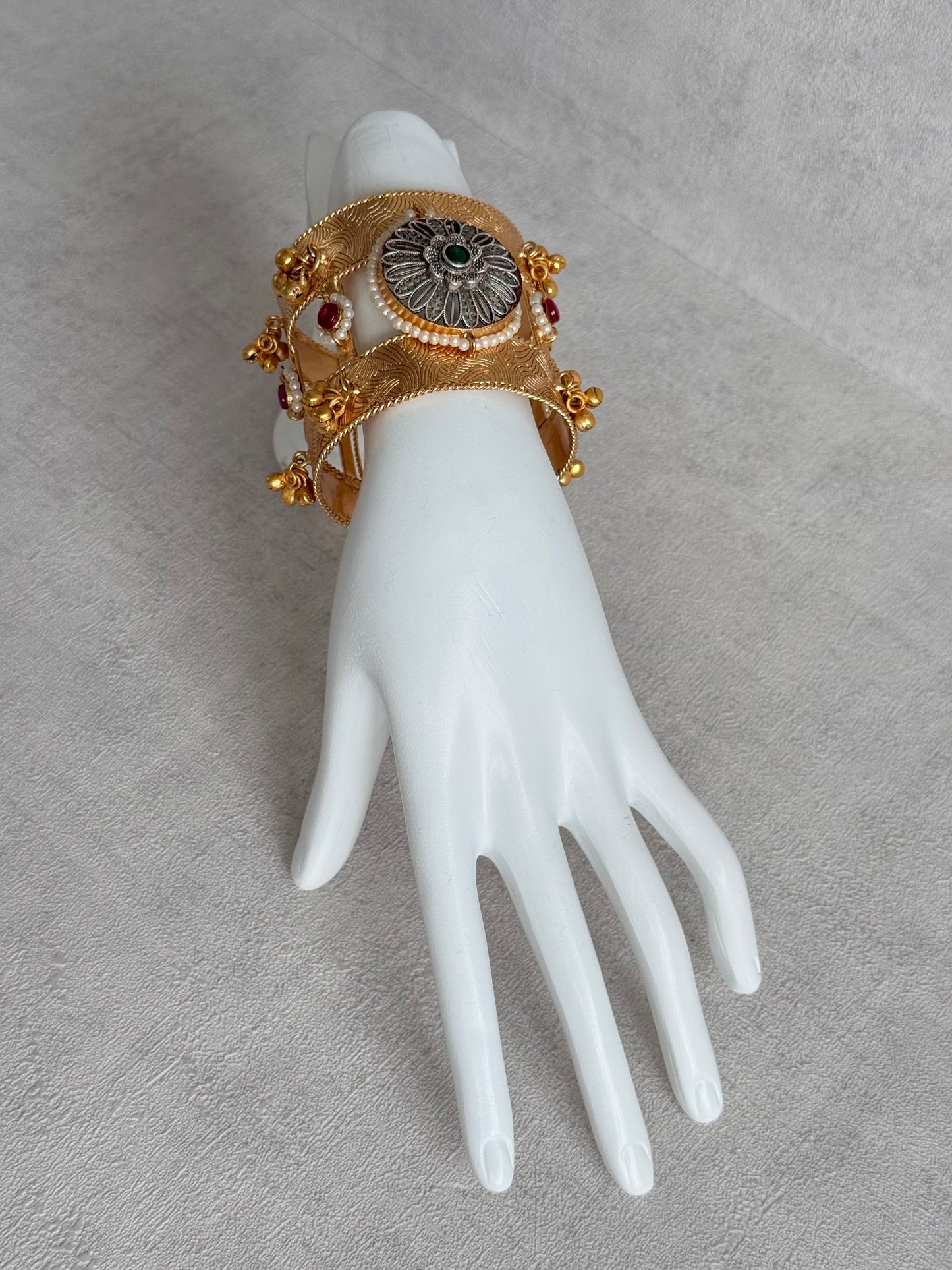 Ayura Designs Omita Adjustable Kashmiri Cuff Bracelet – Floral Medallion with Pearl, Ruby & Emerald Detailing