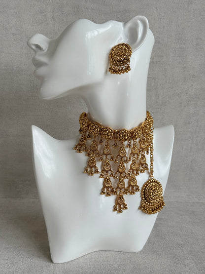 Ayura Designs Kimaya Choker Set with Earrings & Tikka – Gold Floral Waterfall Choker with Ghungroo Drops