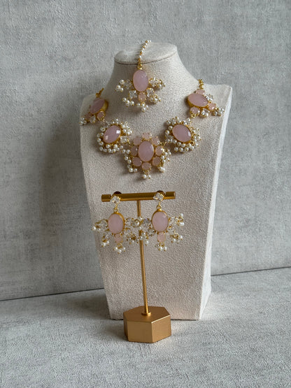 Ayura Designs Parisa Set with Tikka & Earrings – Rose Quartz, Crystals & Pearls