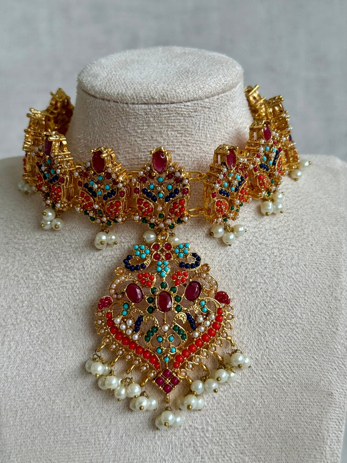 Ayura Designs Itrat Set with Choker, Earrings & Tikka – Antique Gold with Multicolour Stones & Pearl Detailing