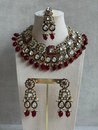 Ayura Designs Salma Set – Necklace, Earrings & Tikka with Mirror-Cut Kundan, Ruby Red Beads, Emerald Green Meenakari & Gold Finish