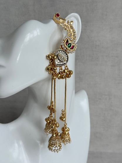 Ayura Designs Kaifiya Earrings – Peacock-Inspired Half Ear Cuff Jhumkis with Ruby Pink & Emerald Stones