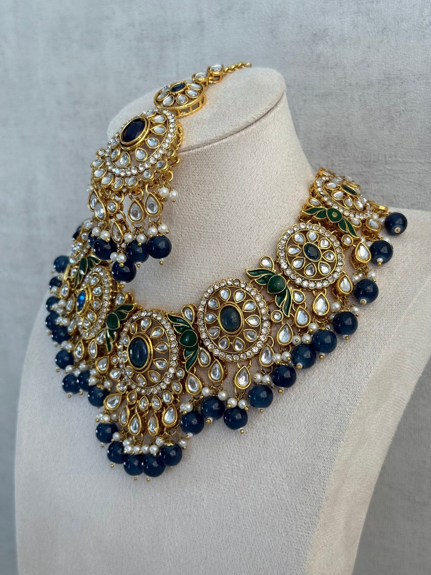 Ayura Designs Zara Set with Necklace, Earrings, Tikka & Passa – Antique Gold with Kundan Detailing & Ink Blue Stones & Beads