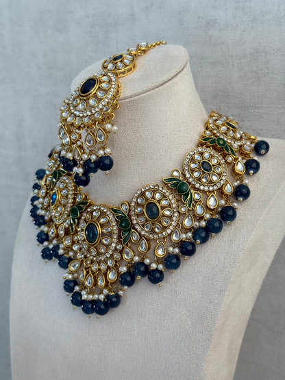 Ayura Designs Zara Set with Necklace, Earrings, Tikka & Passa – Antique Gold with Kundan Detailing & Ink Blue Stones & Beads