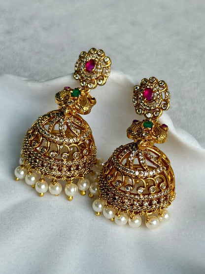 Ayura Designs Darya Jhumkis – Gold Peacock Motif Jhumkis with Ruby Pink, Emerald Green and Pearl Detailing