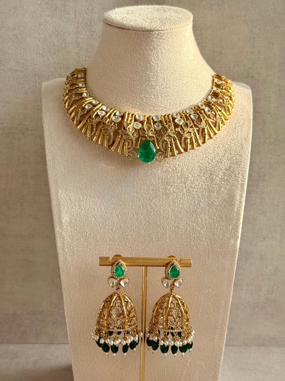 Ayura Designs Rami Collar Set with Jhumkis – Sculpted Gold Collar with Emerald Green Stone and Crystal Detailing