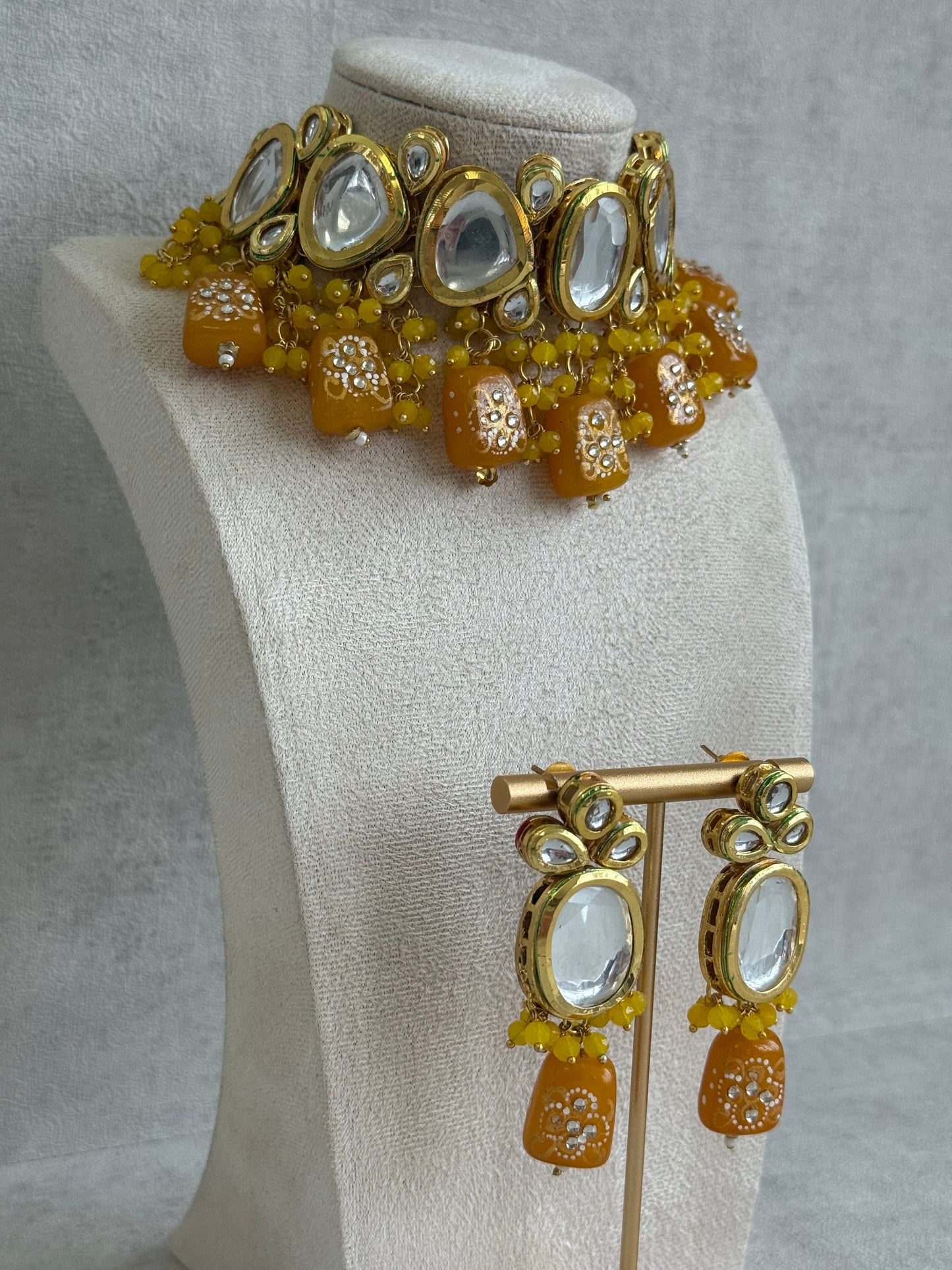 Ayura Designs Gyan Set With Choker And Earrings – Kundan Stones And Mustard Yellow Meenakari Drops
