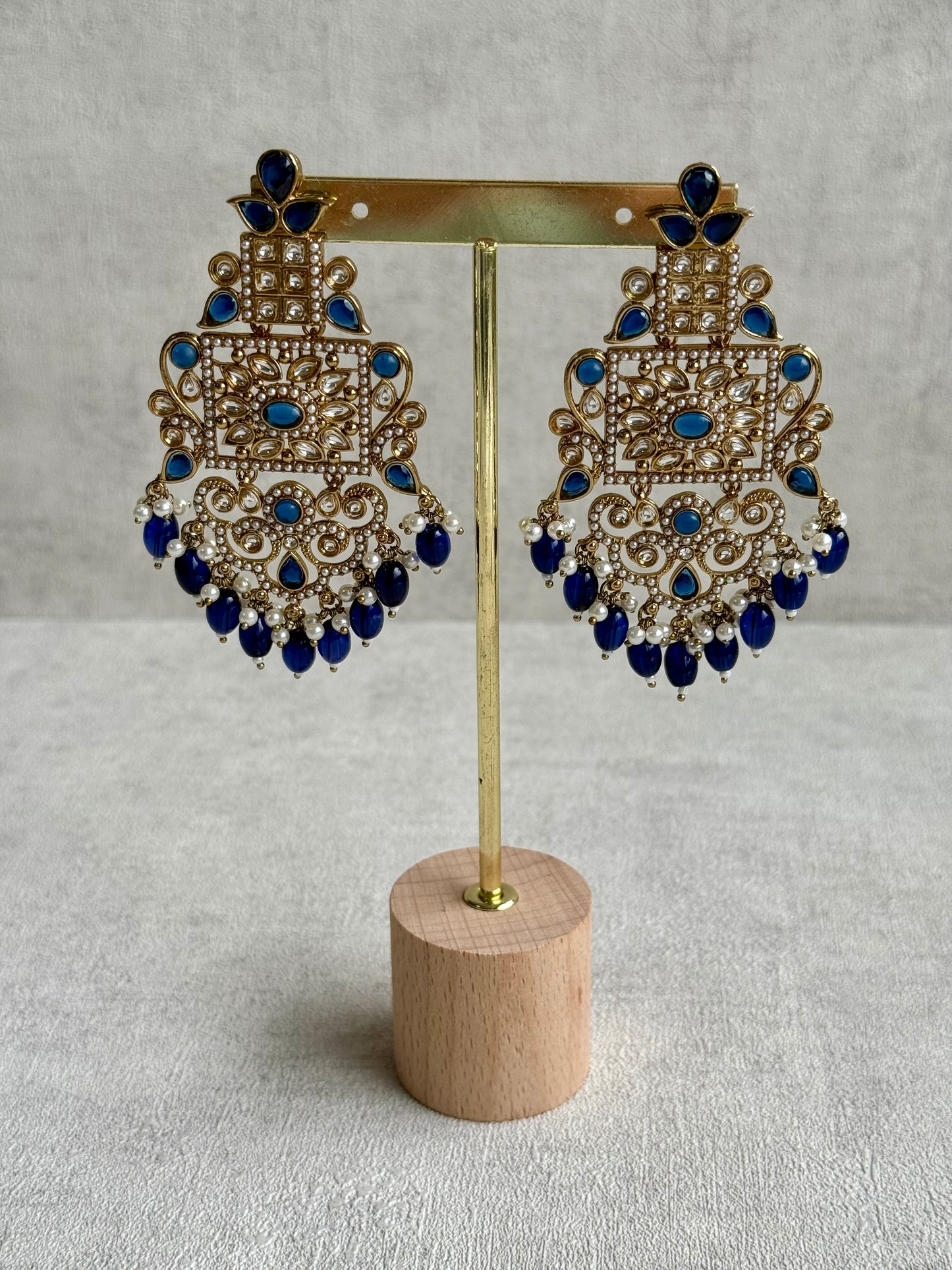 Ayura Designs Arwa Earrings – Antique Gold Finish with Midnight Blue Stones & Pearl Detailing